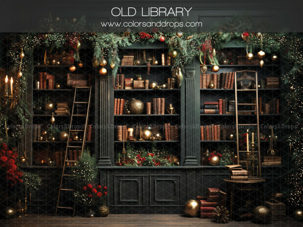 Décor de Noël La Bibliothèque avec guirlandes, échelle en bois et étagères remplies de livres anciens, ambiance chaleureuse et traditionnelle. Un fond de chez Colors and Drops, proposé pour les séances de Noel 2025 chez Studio Evidence (Pusignan, Rhône)