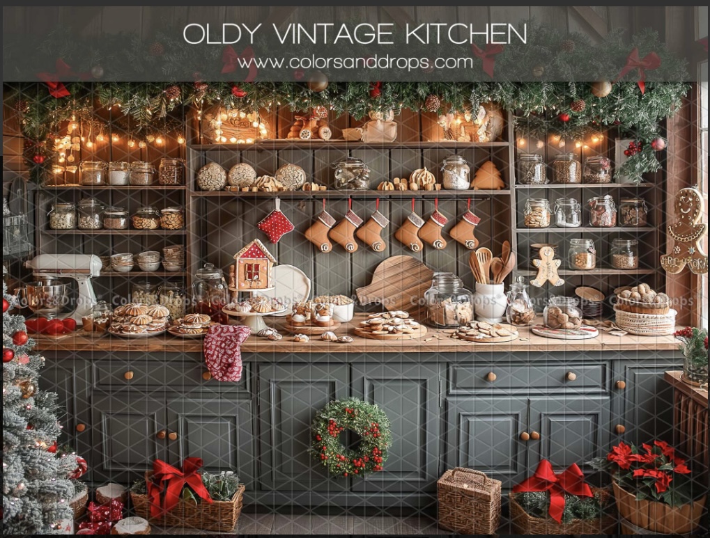 Décor de Noël La Cuisine avec plan de travail garni de biscuits, bocaux, guirlandes et maison en pain d’épices, ambiance gourmande et familiale. Un fond de chez Colors and Drops, proposé pour les séances de Noel 2025 chez Studio Evidence (Pusignan, Rhône)