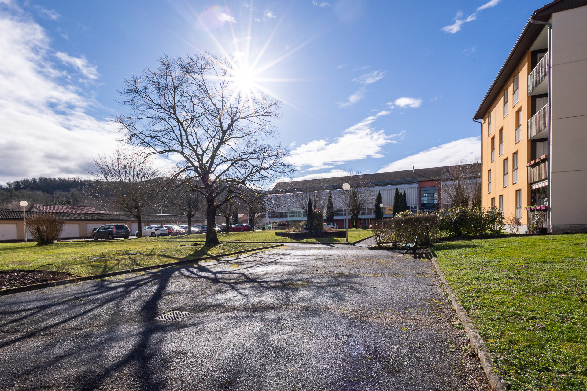 Extérieur résidence ensoleillée avec grand arbre – Crémieu – Photographe immobilier Nord Isère